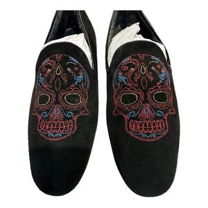 ALDO Black Velour‎ Skull Loafers Men's 11 Embroidered Halloween Grunge Costume